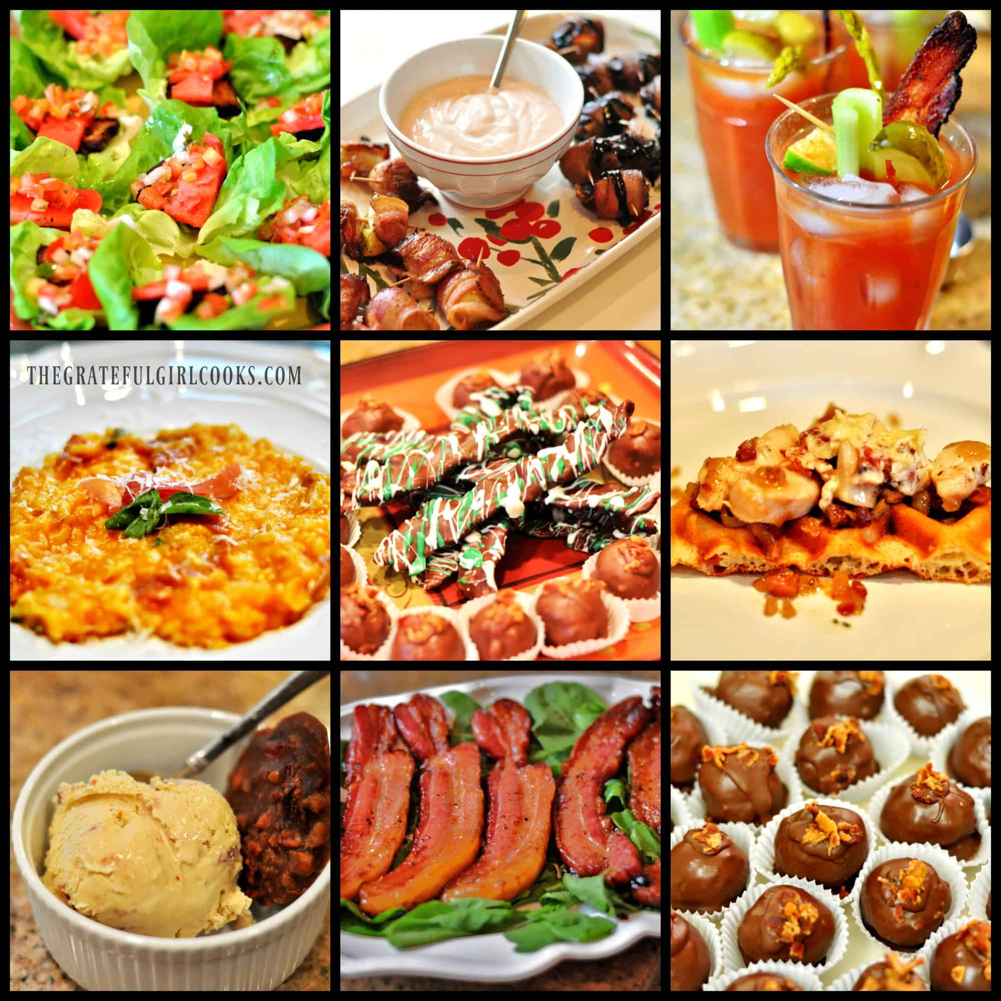 Chocolate-Covered Bacon / The Grateful Girl Cooks! Collage of bacon themed dishes from our bacon themed dinner