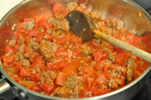 Canned tomatoes and chili spices are added to ground beef mixture