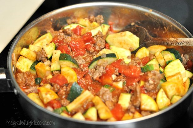 Summer squash is cooked with ground beef, tomatoes and spices