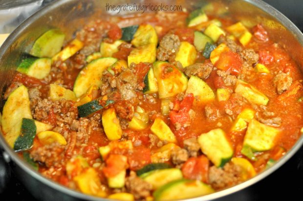 Summer squash is finished cooking with chili beef
