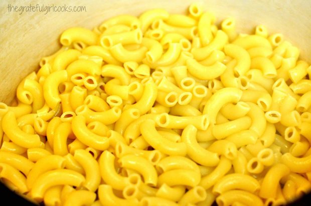 Macaroni noodles are cooked, then drained.