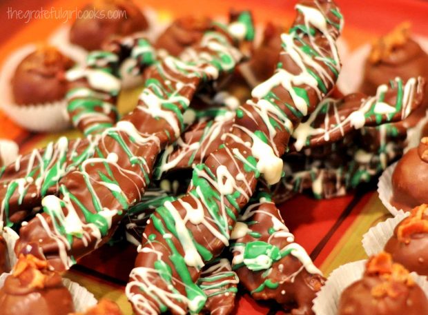 Close up photo of chocolate-covered bacon strips