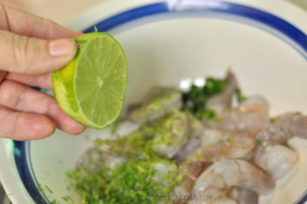 Fresh lime juice is added to the shrimp.