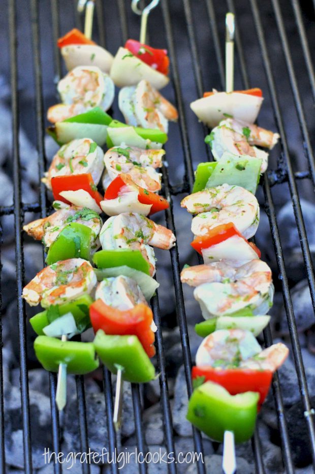 Grilling lime cilantro shrimp kabobs on the BBQ.