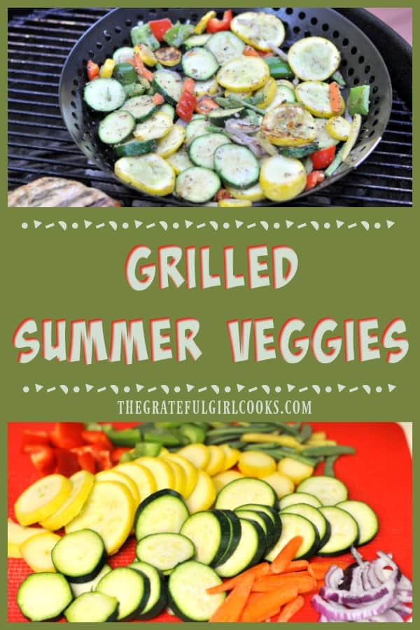 Grilled Summer Veggies, with zucchini, yellow squash, carrots, onion, green and red peppers and green beans are cooked on BBQ, then topped w/ Parmesan cheese!