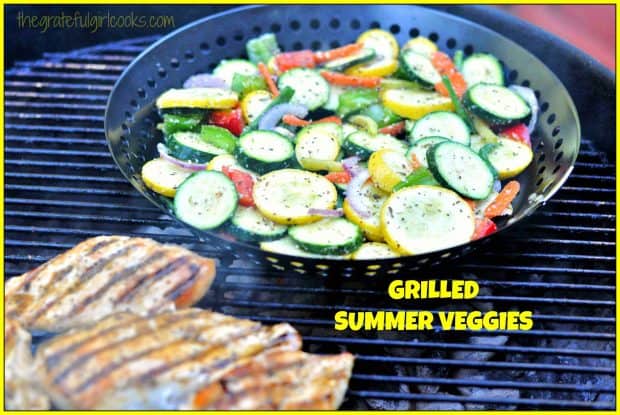 Grilled Summer Veggies, with zucchini, yellow squash, carrots, onion, green and red peppers and green beans are cooked on BBQ, then topped w/ Parmesan cheese!