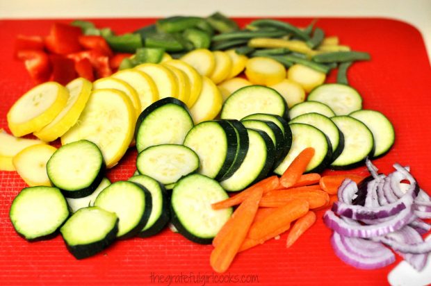 Summer veggies are sliced, and ready to be grilled.