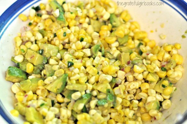 Corn and avocado salsa in bowl