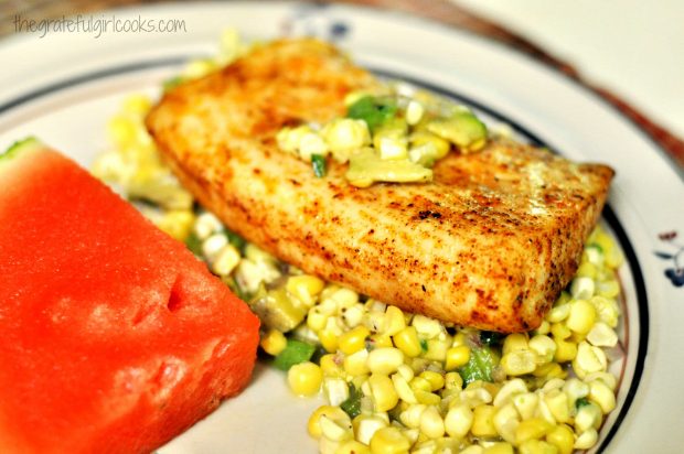 Mahi Mahi on corn and avocado salsa, with watermelon wedge on side