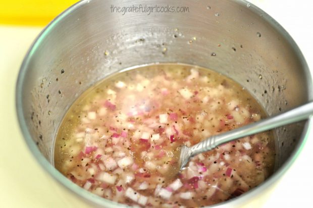 Marinade for cucumbers in metal bowl