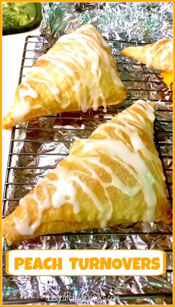 Peach turnovers with vanilla glaze are delicious, and so quick and easy to make using peach pie filling and puff pastry sheets! Sure to be a family favorite!
