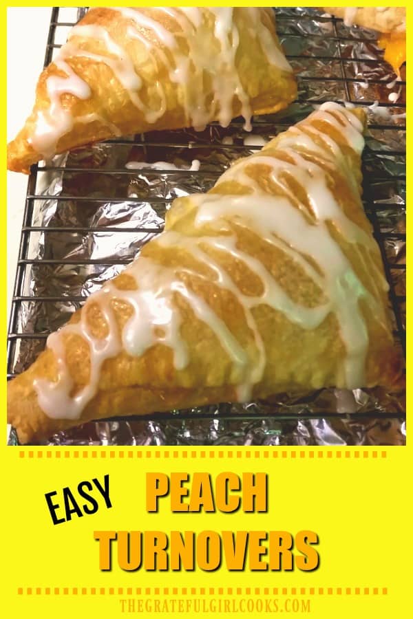 Peach turnovers with vanilla glaze are delicious, and so quick and easy to make using peach pie filling and puff pastry sheets! Sure to be a family favorite!