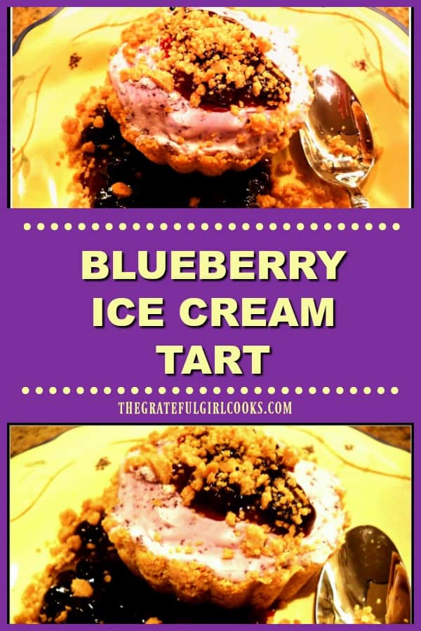A blueberry ice cream tart is a delicious, frozen dessert treat! Ice cream in a graham cracker crust, served with fresh blueberry sauce on the side!
