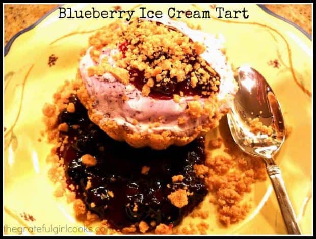 A blueberry ice cream tart is a delicious, frozen dessert treat! Ice cream in a graham cracker crust, served with fresh blueberry sauce on the side!