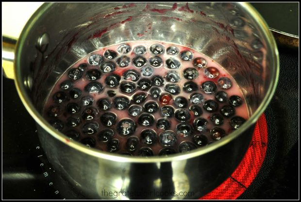 A thickened blueberry sauce is made to garnish the ice cream tart.