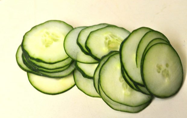 Very thinly sliced cucumbers for carpaccio salad