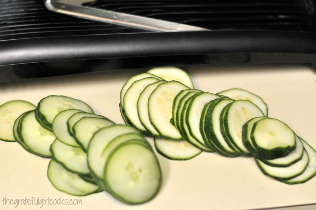 Cucumber and zucchini slices cut using mandolin