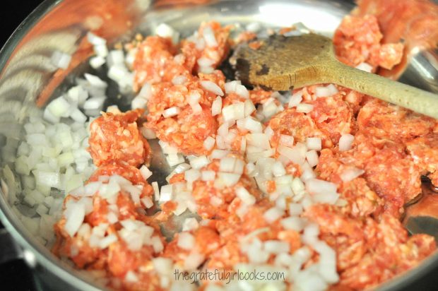 Cooking Italian sausage and onions in skillet for spaghetti sauce.