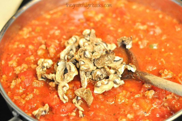 Mushrooms (dehydrated or fresh) are added to spaghetti sauce.