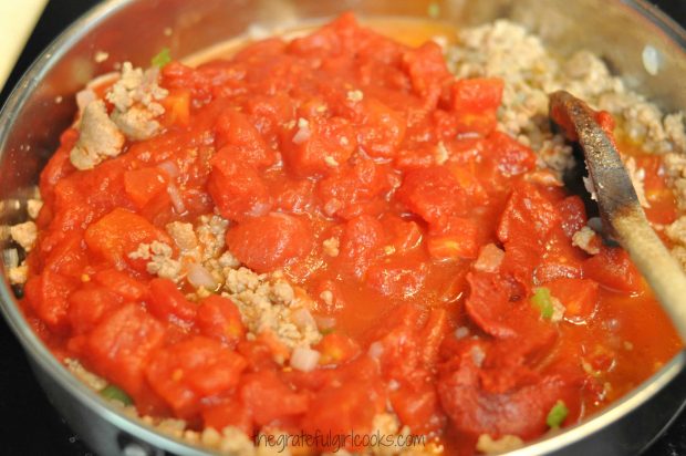 Tomato paste, diced tomatoes and water are added to skillet with spaghetti sauce.