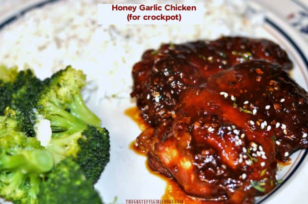 Honey Garlic Chicken (for crockpot) is an easy, delicious slow cooker recipe for chicken thighs, coated in in a thick honey and garlic sauce.