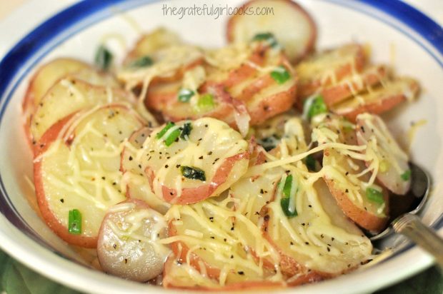 A bowl of Parmesan and scallion covered buttered skillet potatoes, ready to eat.