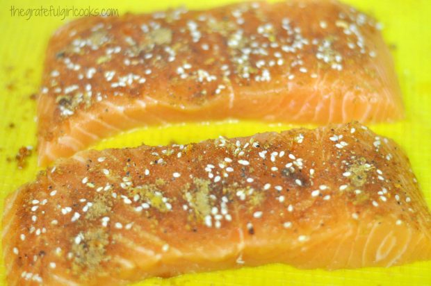 Brown Sugar Crusted Salmon has a slightly sweet spice rub on each piece of fish.