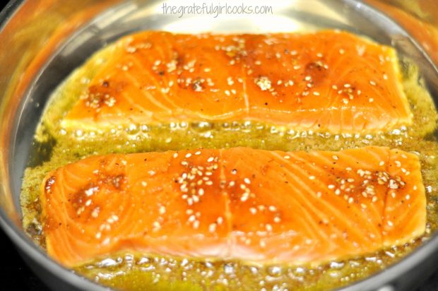 Pan-searing the brown sugar crusted salmon helps make a crunchy crust.