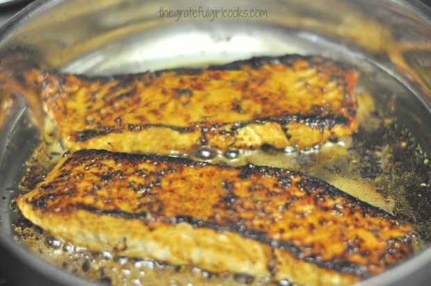 The brown sugar spice rub caramelizes on the salmon as it cooks.