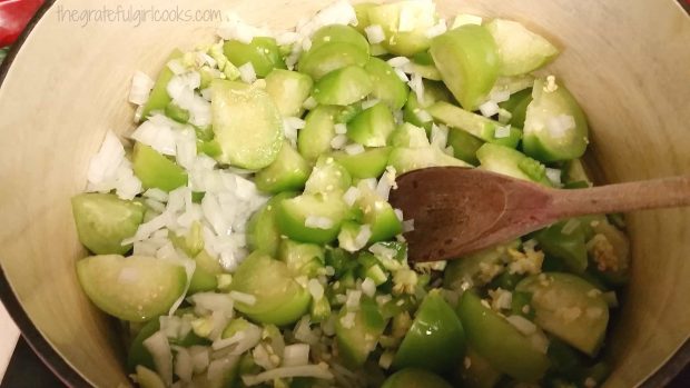 Cooking tomatillos, onions, jalapenos for sauce