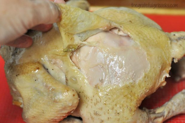 Removing skin from cooked chicken before adding to soup