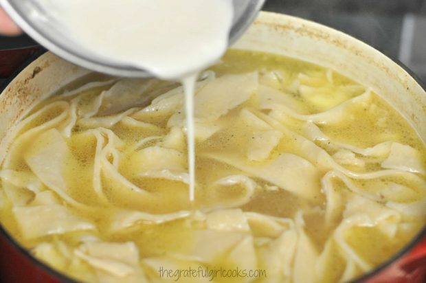 A flour slurry is added to chicken n' dumplings to thicken soup