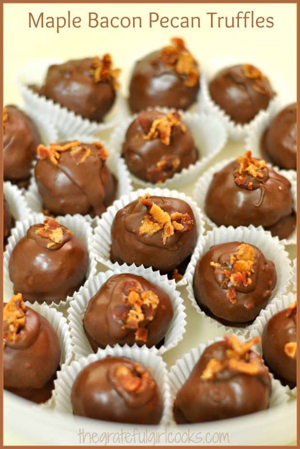 Maple Bacon Pecan Truffles are a decadent treat! They're creamy & maple flavored, w/ nuts & crisp bacon, coated in melted chocolate and butterscotch.