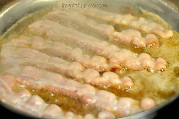 Frying the bacon until crisp to add to the truffles.