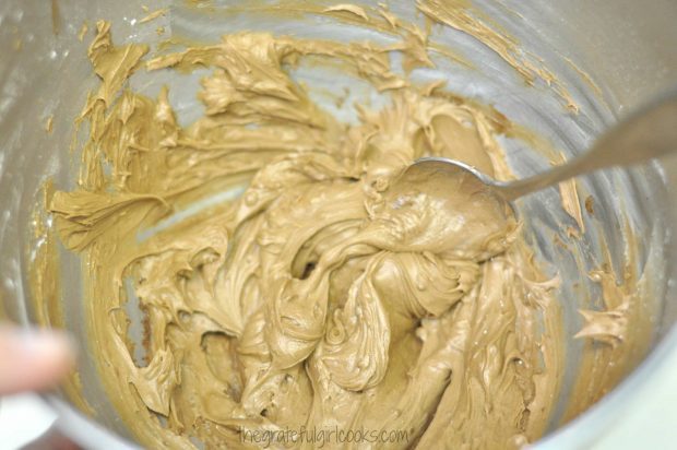 Creamy batter for the maple bacon pecan truffles is prepared.