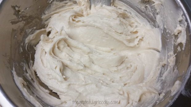 The cheesecake filling is mixed until creamy, and then refrigerated.