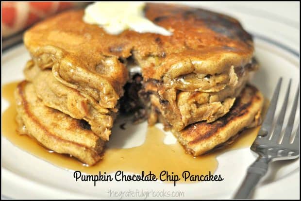 Need a taste of Fall for breakfast? Try these delicious, fluffy, pumpkin chocolate chip pancakes, with chocolate chips, pumpkin puree, cinnamon and allspice!