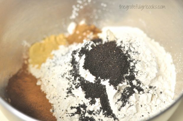 Dry ingredients for biscotti are mixed together in large bowl.