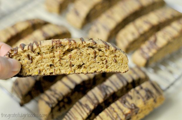 Pumpkin Spice Latte Biscotti is ready to eat once the chocolate has firmed up.