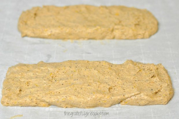 Batter is shaped into 2 log shapes before baking for the first time.