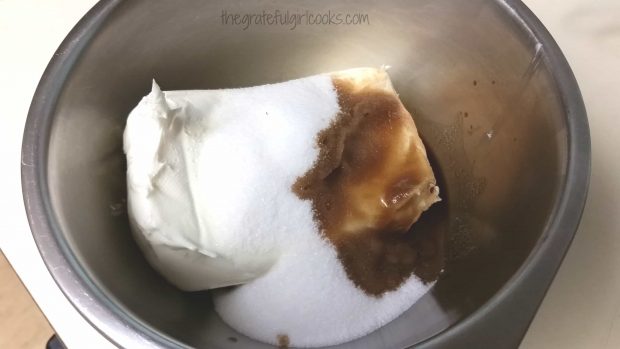 Mixing the cheesecake filling to add to the middle of the snickerdoodle cookies.