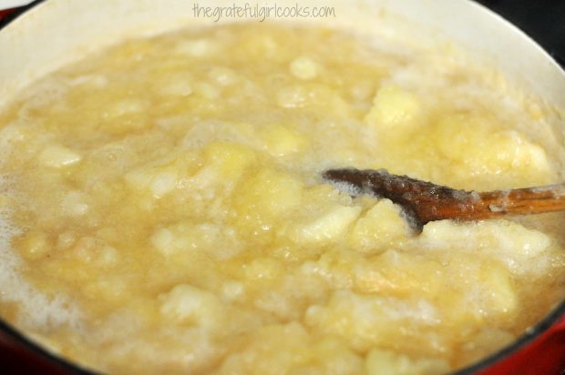 Chopped apple chunks softening in red saucepan