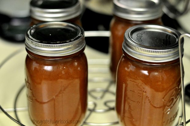 Sealed jars of apple butter going into canner