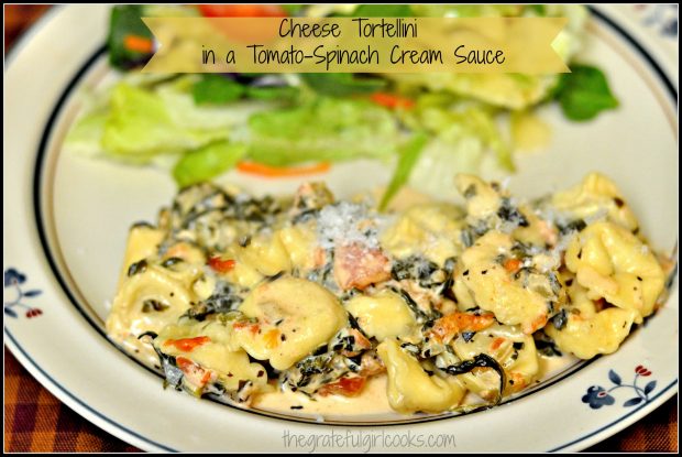 Cheese tortellini, enhanced with a cream sauce featuring tomatoes, spinach, garlic and Parmesan cheese is delicious, comforting and filling!