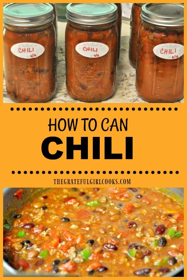 Learn how to can chili (meat and beans) using safe pressure canning guidelines. Recipe yields 8 qts. of old-fashioned chili, for long term storage.