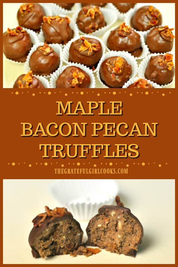 Maple Bacon Pecan Truffles are a decadent treat! They're creamy & maple flavored, w/ nuts & crisp bacon, coated in melted chocolate and butterscotch.