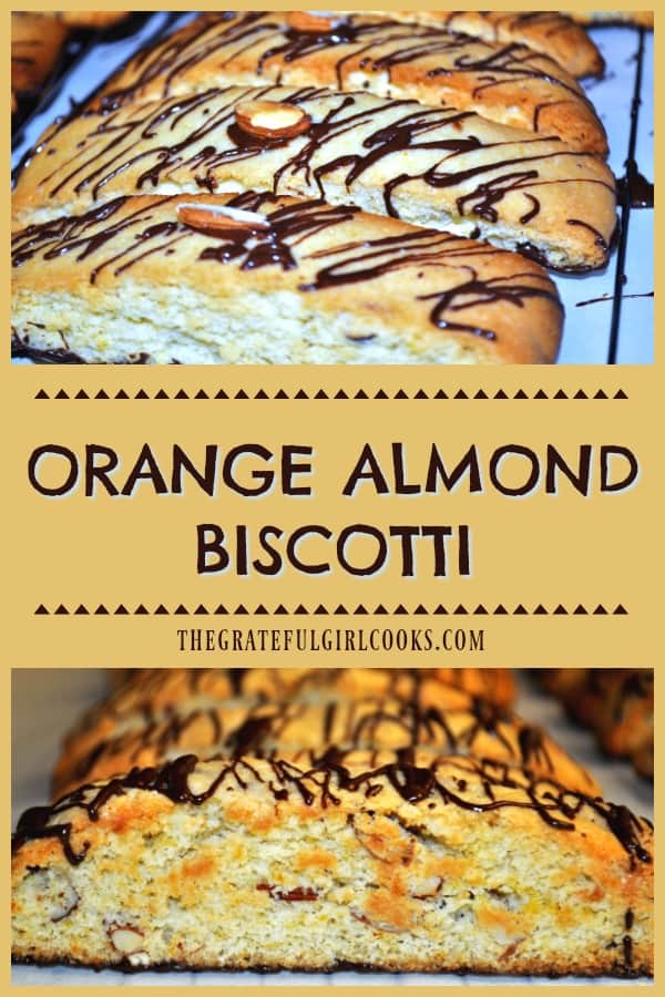 Orange Almond Biscotti are crispy Italian inspired cookies, with a semi-sweet chocolate base, and chocolate drizzle on top. Perfect to dunk in coffee!