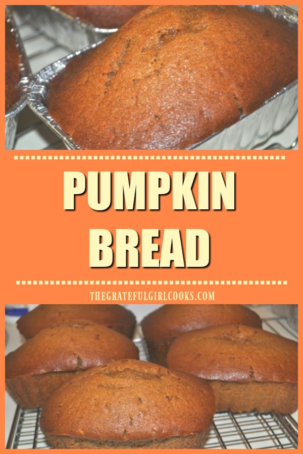 Make three mini-loaves of this traditional, and delicious pumpkin bread, flavored with the warm Fall spices of of cinnamon, nutmeg and ginger! EASY!