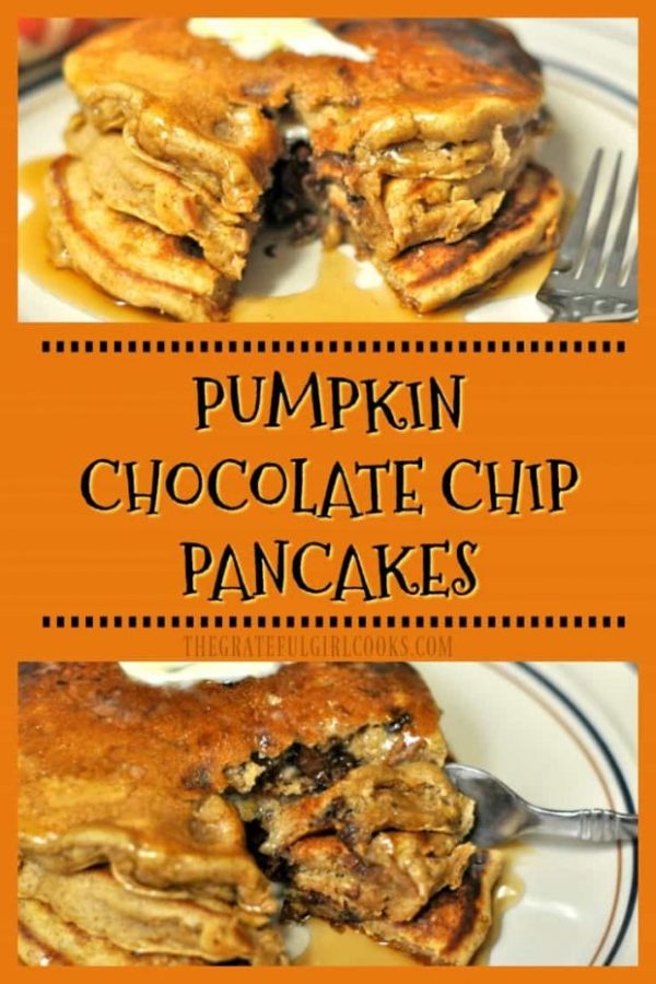 Need a taste of Fall for breakfast? Try these delicious, fluffy, pumpkin chocolate chip pancakes, with chocolate chips, pumpkin puree, cinnamon and allspice!