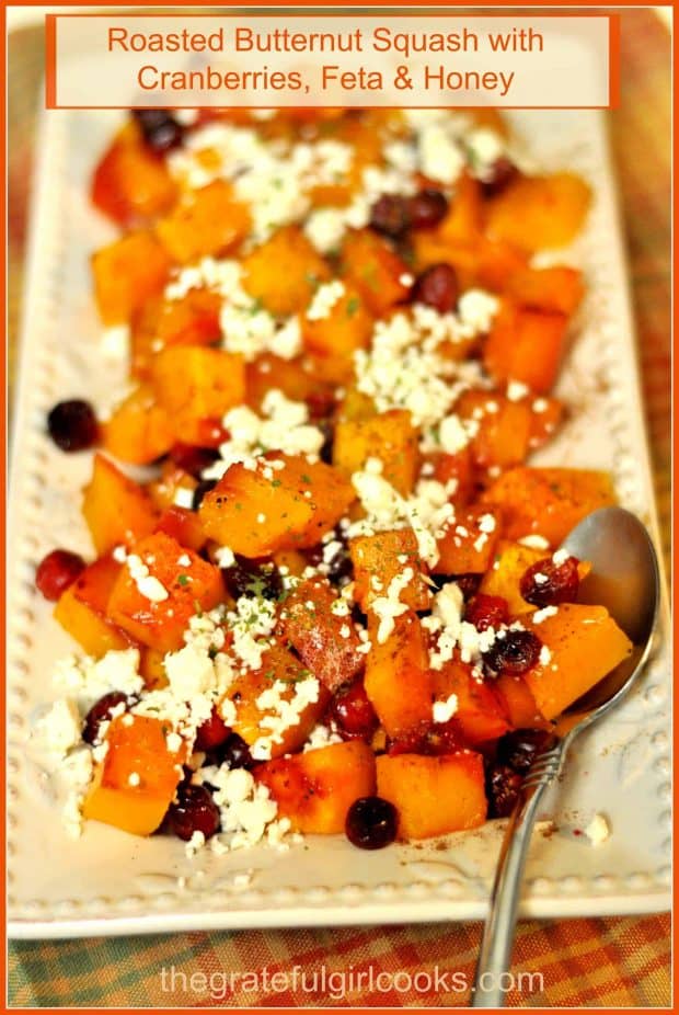 Need a new vegetable dish for the holidays? Look no further! Roasted Butternut Squash with Cranberries, Honey & Feta is both delicious, sweet AND savory!